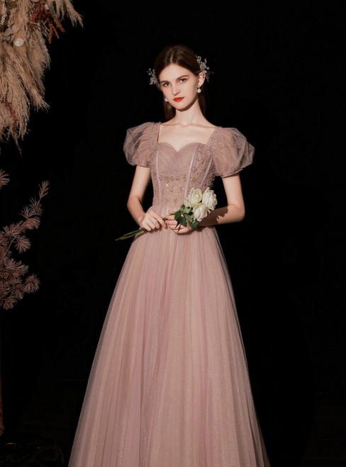 Pink Tulle Short Sleeve Beading Prom Dress