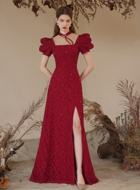 Burgundy Lace Puff Sleeve Backless Prom Dress