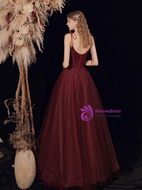 Spaghetti Straps Off The Shoulder Burgundy Prom Dress with Split