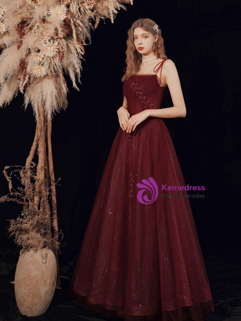 Spaghetti Straps V-neck Tulle Prom Dresses Burgundy