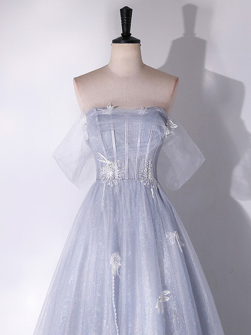 A Line Two Piece Off the Shoulder Blue Tulle Sequins Ruffles Prom Dress LBQ3276 main image 1