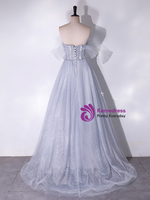 Elegant Blue Tulle Sequins Appliques Prom Dress Evening Dress Y8348