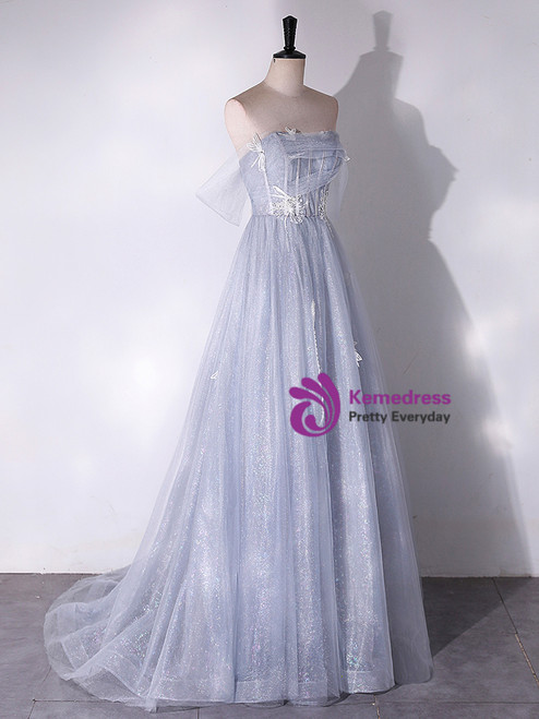 Sequins Applique Translucent Top Ruched Prom Dress Ink Blue