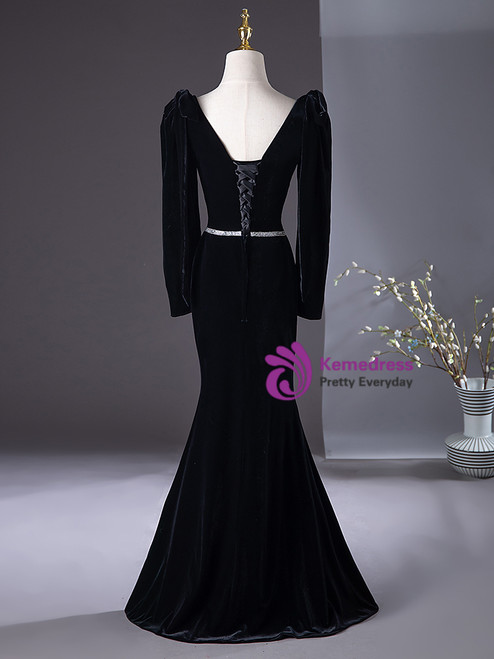 Elegant Mermaid High Neckline Black Velvet Prom Dresses Birthday Outfits Evening Gown SD990