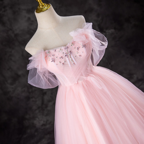 Off Shoulder Sleeveless Beaded Ruched Ruffles Tiered Pink Quinceañera Dresses WQ1413