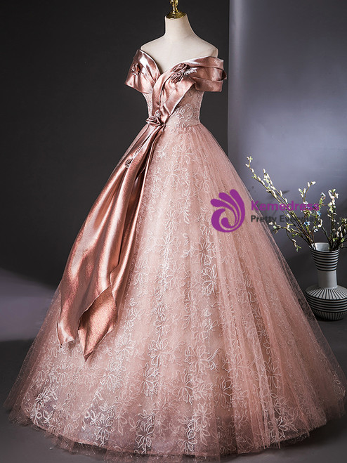 Off Shoulder Sleeveless Beaded Sequins Appliques Bow Knot Pink Sweet 15 Quinceañera Dress WQ1882