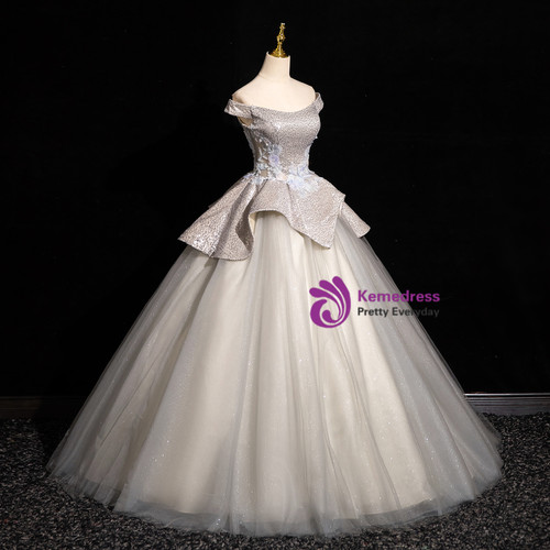Grey Sparkly Tulle Quinceanera Dresses Lace Applique Sweet 15 Dresses 21419