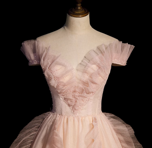 Pink Tulle Off the Shoulder Pleats Beading Prom Dress main image 0