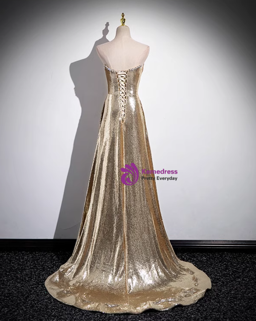 Sequins Applique Translucent Top Ruched Prom Dress Gold