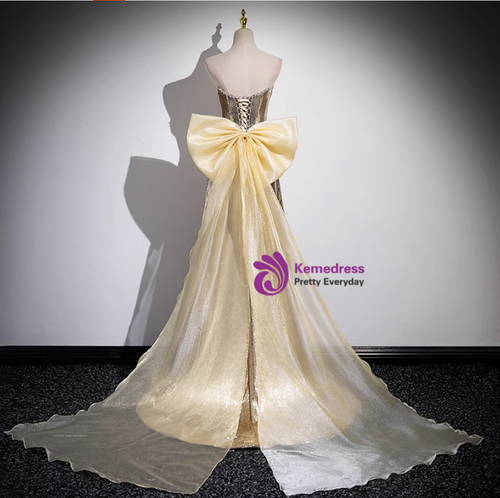 High Low Sequins Lace Dresses with Bow Gold