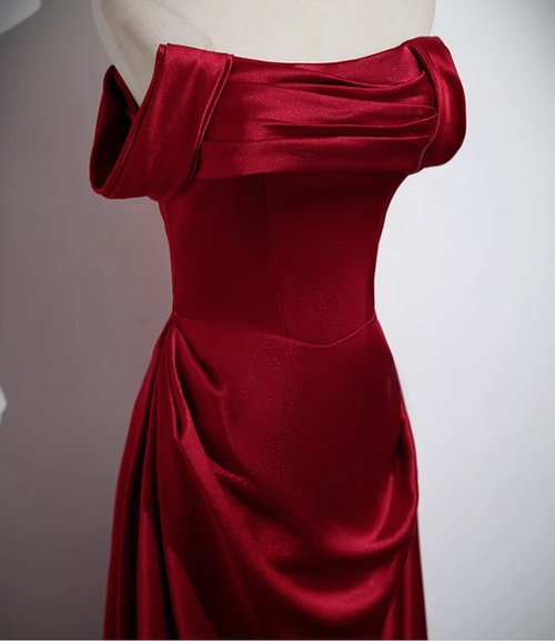 Chic Pleated Off-the-Shoulder Stretch Satin Dress Burgundy
