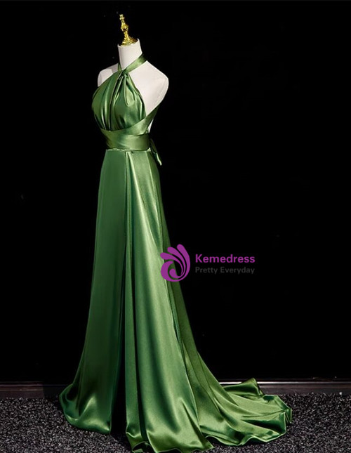 Green Halter Cut Out Side Split Long Satin Prom Dresses LBQ3085 main image 0