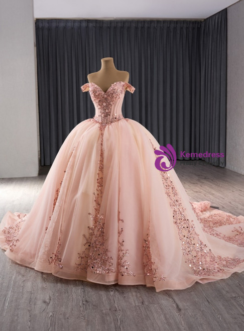 Pink Tulle Sequins Straps Prom Dress main image 1
