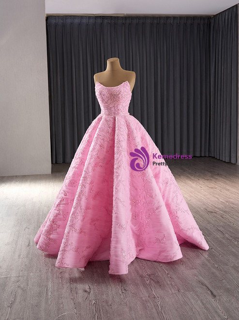 Pink Tulle Strapless A-Line Prom Dress with Balloon Sleeves main image 1