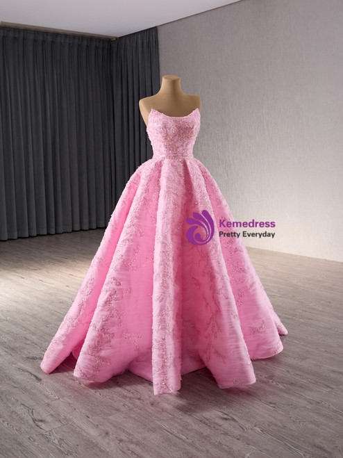 Appliques Tulle Strapless Pink Flowers A Line Prom Dress