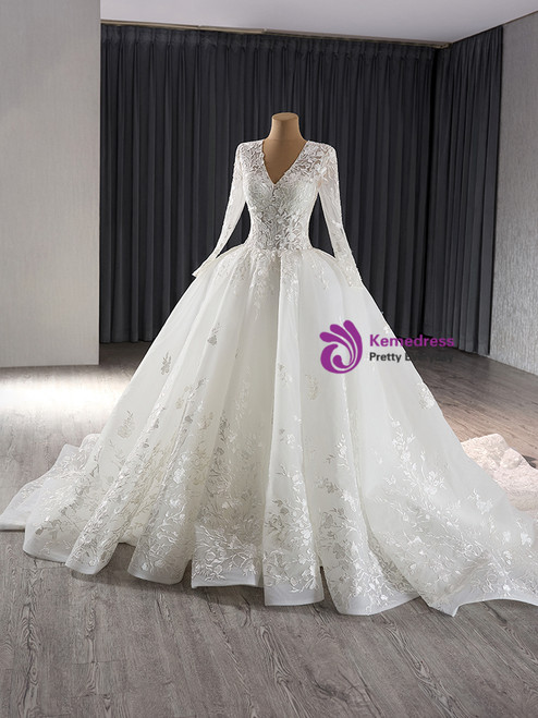 Beautiful White Tulle with Lace V-neckline Wedding Dress, White Beautiful Prom Dress Party Dress