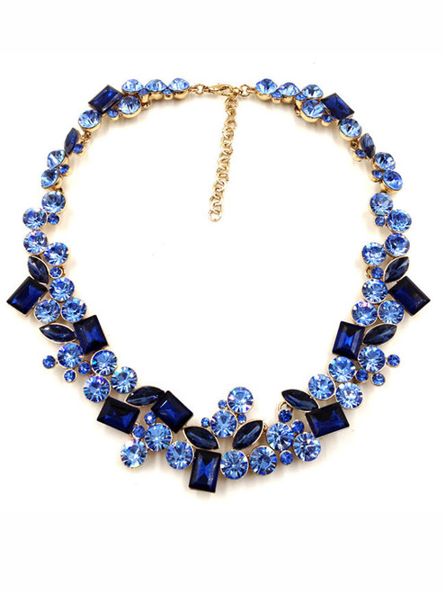 Fashion Gold Tone Blue Rhinestone Embellished Necklace