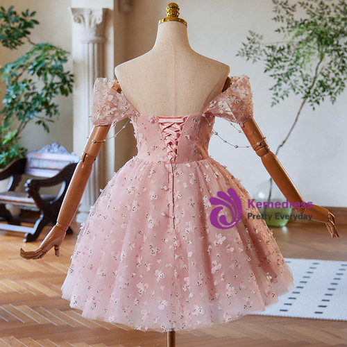 Classy Pink Off The Shoulder Tulle Floral Short Party Dress Short Homecoming Dress Birthday Dress