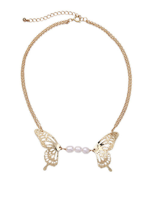 Cheap Glod Butterfly Pearls Chain Necklace