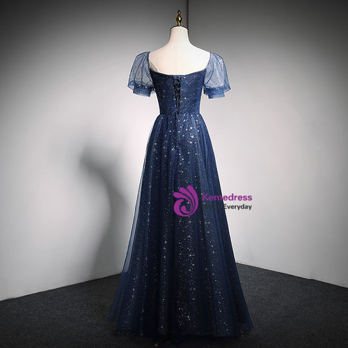 Off The Shoulder Tulle Ruffles Blue Sheer Prom Dress main image 1