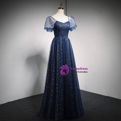 Unique Navy Blue Sparkly Prom Gown Off-The-Shoulder Tulle A-Line Evening Dress,OLP2011