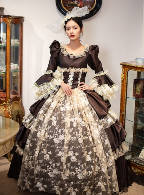 Gold Long Sleeve Lace Rococo Baroque Vintage Dress