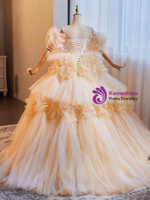 Champagne Tulle Sequins Flower Quinceanera Dress