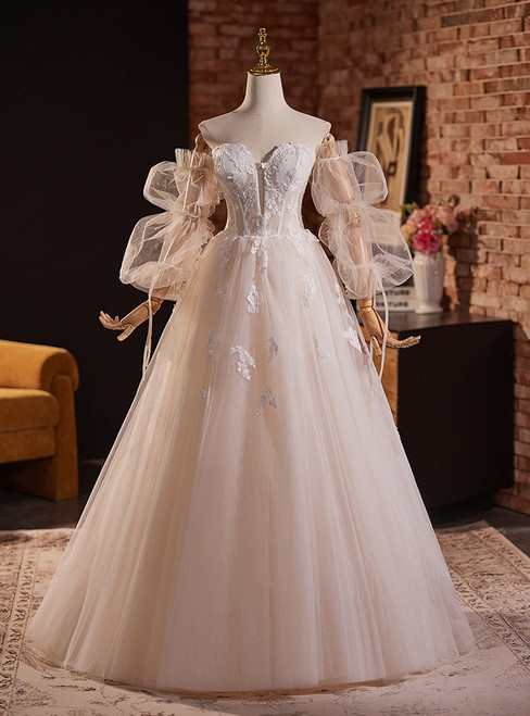 Sexy White Tulle Long Sleeve Appliques Wedding Dress