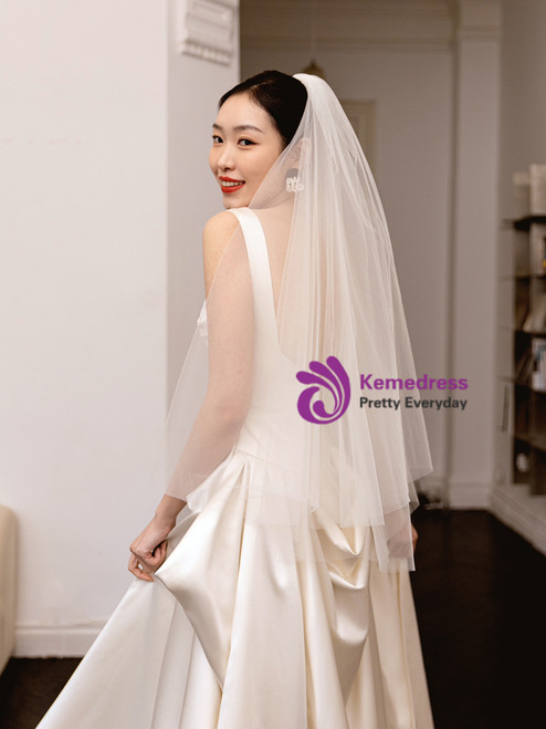White Satin Pleats Straps Wedding Dress main image 0