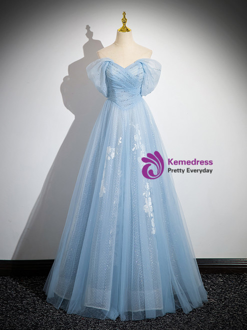 Blue Tulle Off the Shoulder Appliques Beading Quinceanera Dress