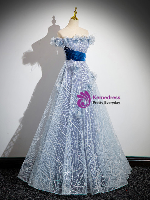 Blue One Shoulder 3D Flower Bead Applique Formal Gown