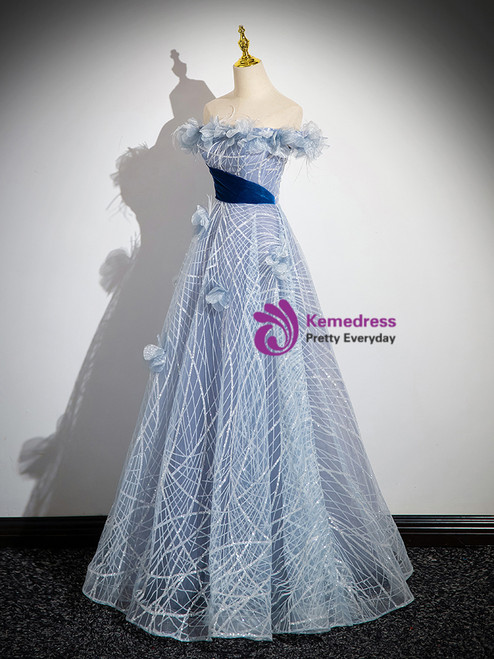 Blue Tulle Sequins Off the Shoulder Flower Evening Prom Dress main image 1
