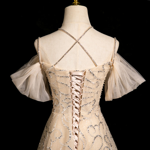 A Line Spaghetti Straps Champagne Chiffon Prom Dress with Beadings LBQ0344 main image 1