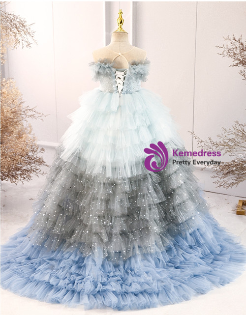 Blue Sequin Tulle Flower Girl Dress with O-Neck Bow Kids Birthday Princess Gown