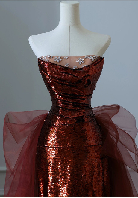 Burgundy Strapless Sequin Rose Flowers Prom Dress Mermaid Long Evening Dress Y8595