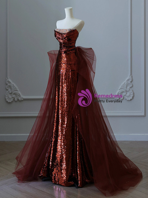 Burgundy Sequins Sparkly Strapless Mermaid Long Train Prom Dress main image 1