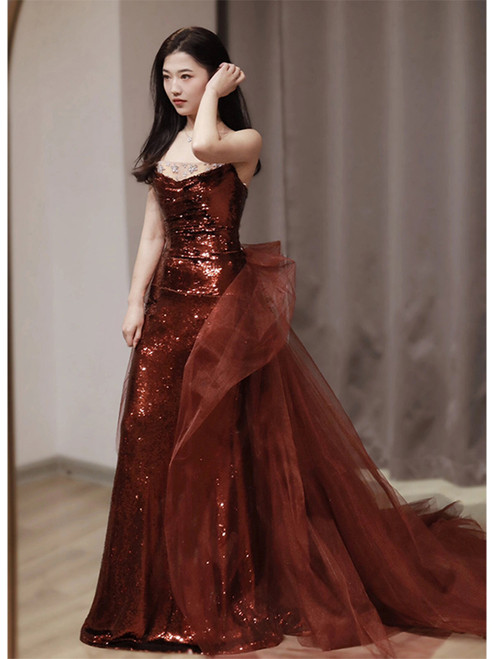 Glamorous Burgundy Sequins Strapless Mermaid Prom Dress With Split main image 1