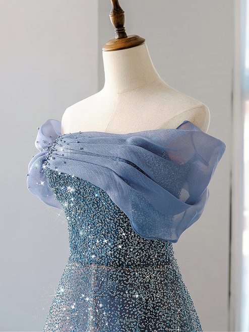 A-Line Off Shoulder Sequins Sheer Corset Tulle Dress Slate Blue main image 1