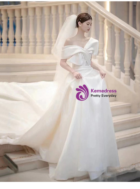 White Satin Tulle Off the Shoulder Pleats Wedding Dress main image 1