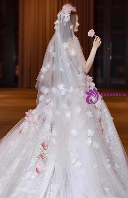 3D Floral Pink Lace Tulle Long Wedding Flower Girl Dress Couture Gown