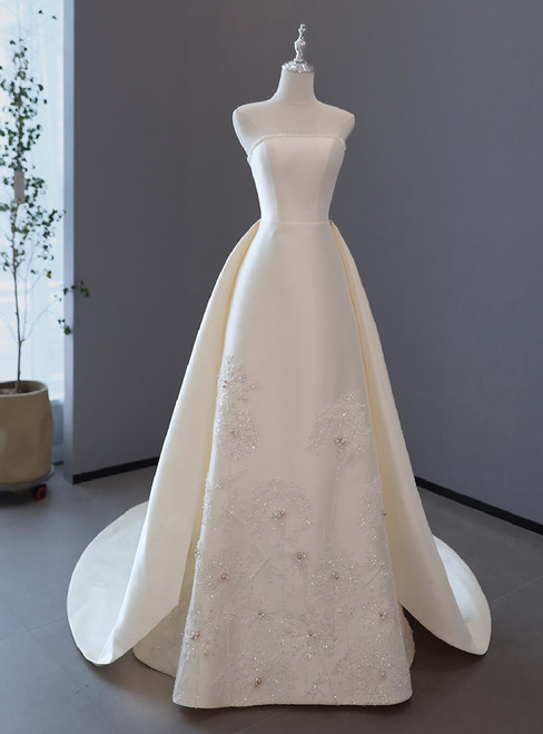 Ivory Satin Strapless Sequins Wedding Dress