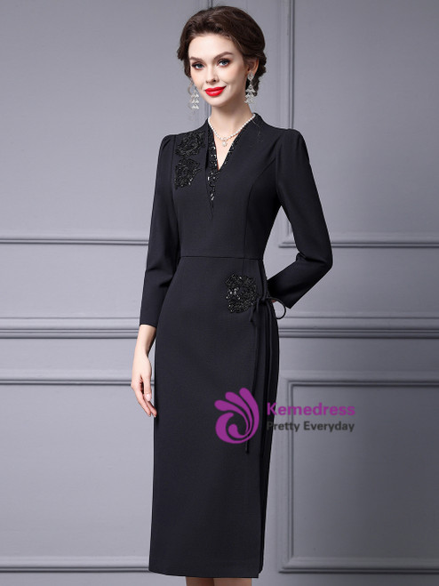 Sparkly Black Silver A-Line Long Sleeves Sequins Top Long Mother of the Bride Dress