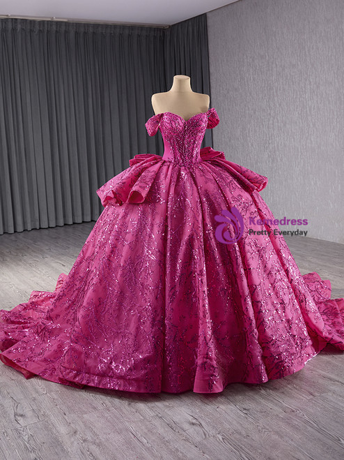 Fuchsia Sequins Backless Sheath Prom Dress