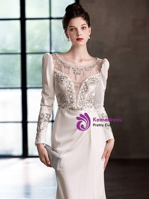 White Sleeveless Satin Beading Ruffles Mermaid Prom Dresses Y934 main image 1