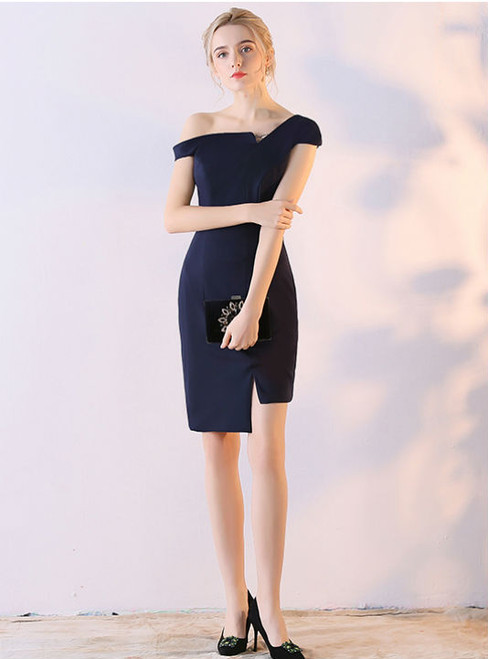 Knee Length Cocktail Dresses 2017 Navy Blue Elegant One Shoulder