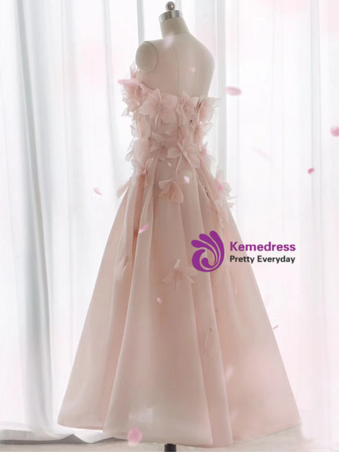Enchanting Rose Pink Short Prom Dress with 3D Floral Appliques Thin Straps