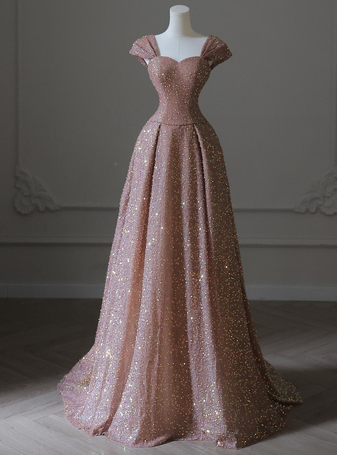 Blush pink sequin A-line prom dress with straps and sweetheart neckline