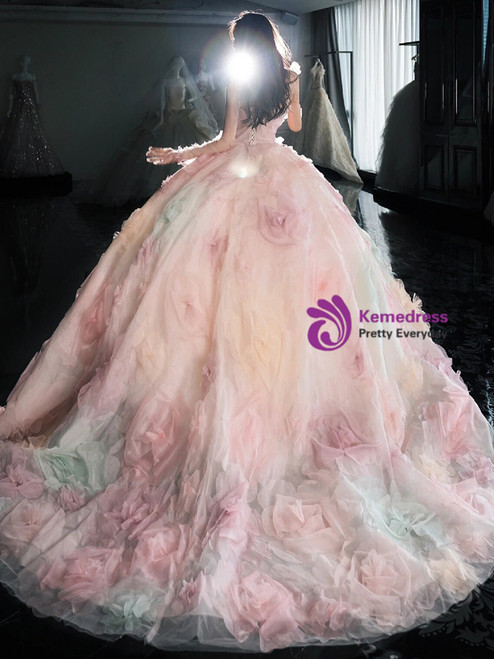 Pink Flora Prom Party Dress Sleeveless Tulle Evening Dress