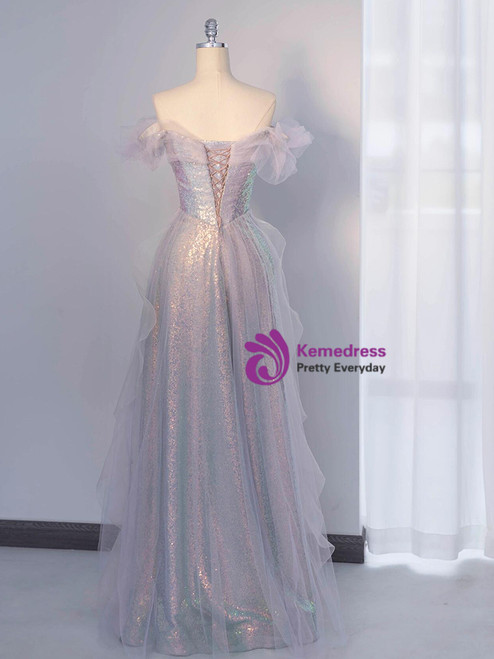 Lilac Off The Shoulder Sequins Ruffle Tulle Boho Prom Dress