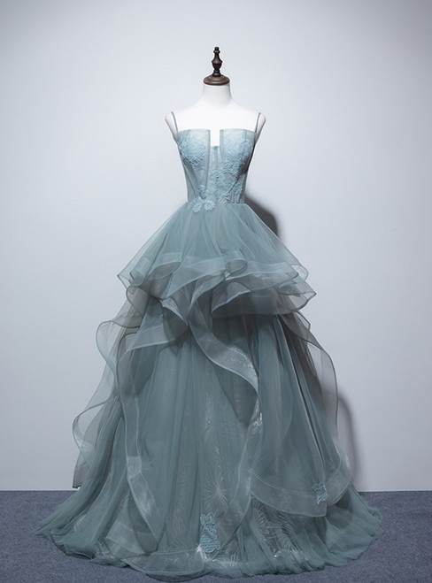 Green tulle prom dress with spaghetti straps and A-line silhouette front view